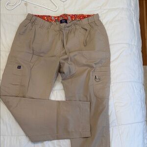 koi Cargo Scrub Pants in Khaki with Floral Waistband